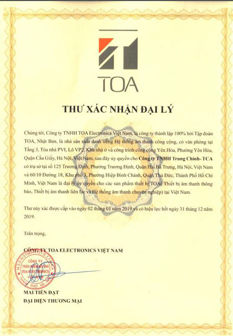 TCA – Trung Chính Audio phân phối ủy quyền trực tiếp TOA