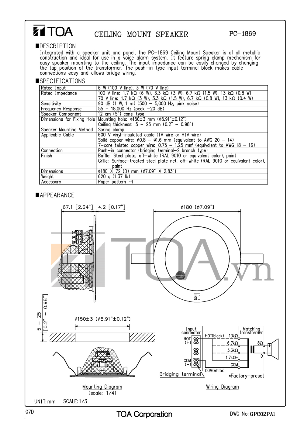 LOA GAN TRAN GAN NOI TOA PC 2268, LOA GAN TRAN TOA PC 2268, TOA PC 2268