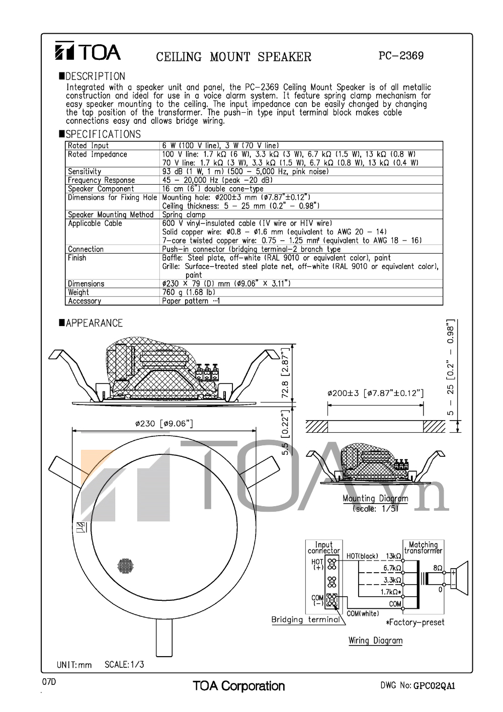 LOA GAN TRAN MOC TREO TOA PC 2369, LOA GAN TRAN TOA PC 2369, TOA PC 2369