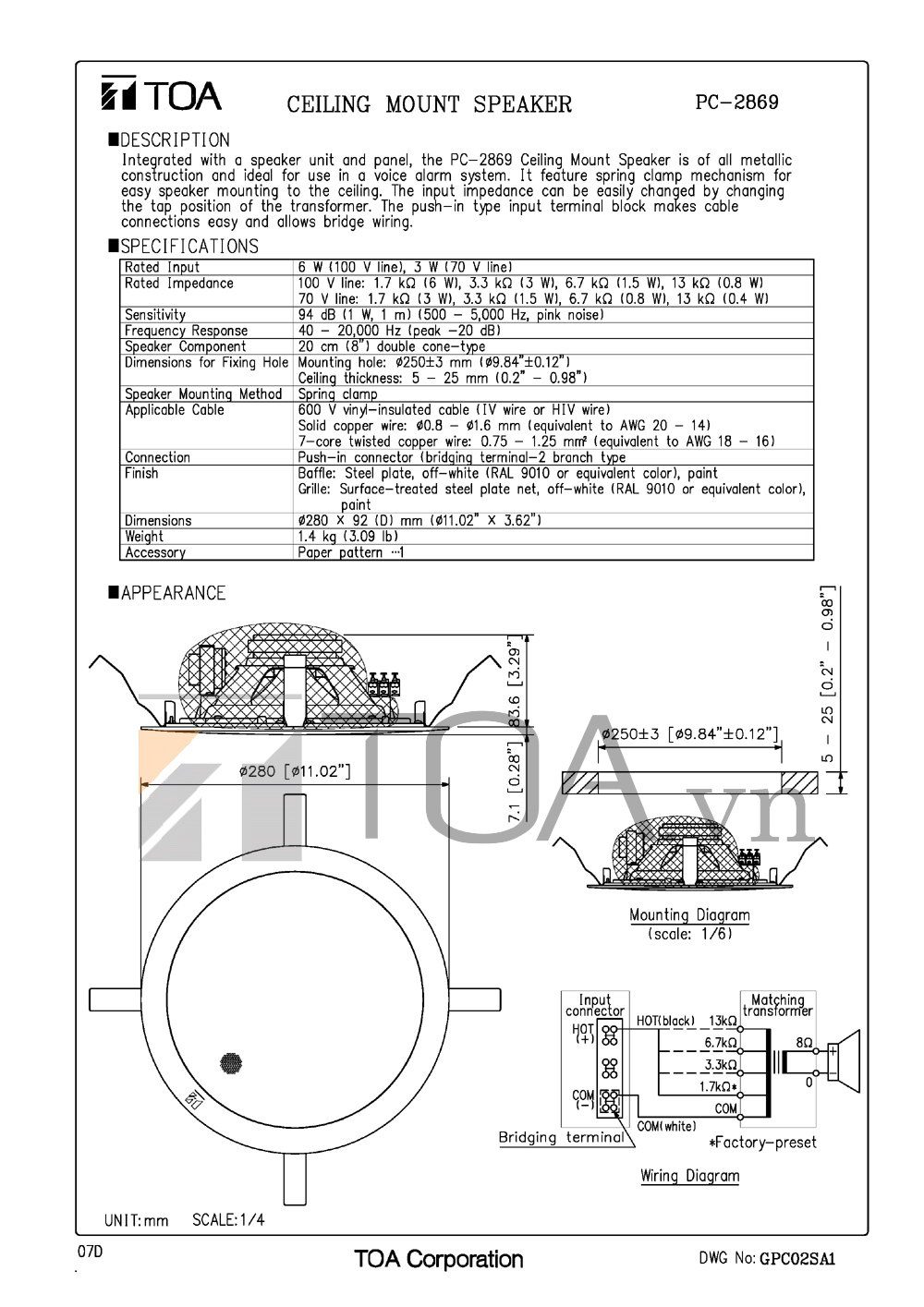 LOA GAN TRAN MOC TREO TOA PC 2869, LOA GAN TRAN TOA PC 2869, TOA PC 2869