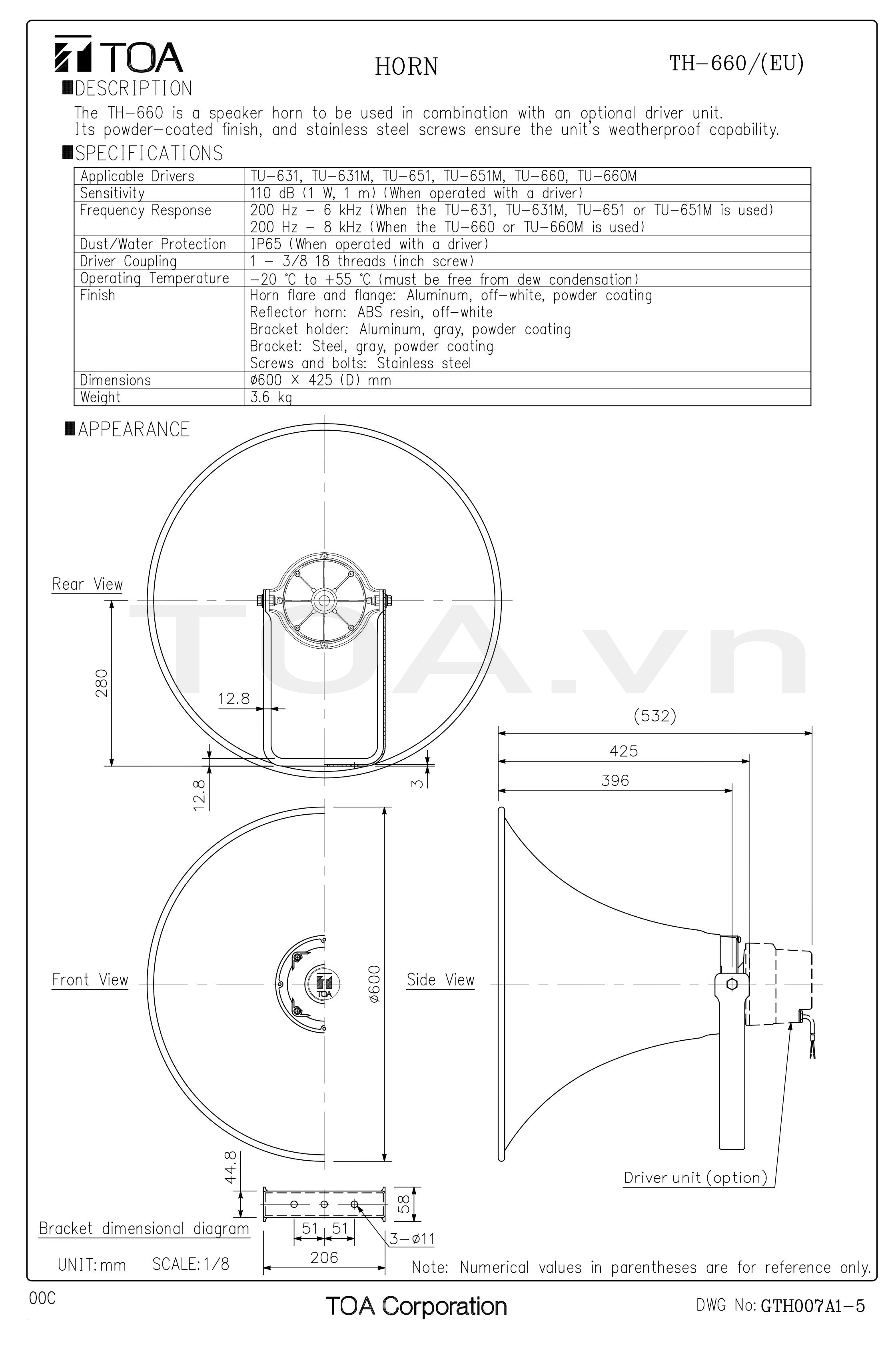 Đặc tính Kỹ thuật Vành loa TOA TH-660 