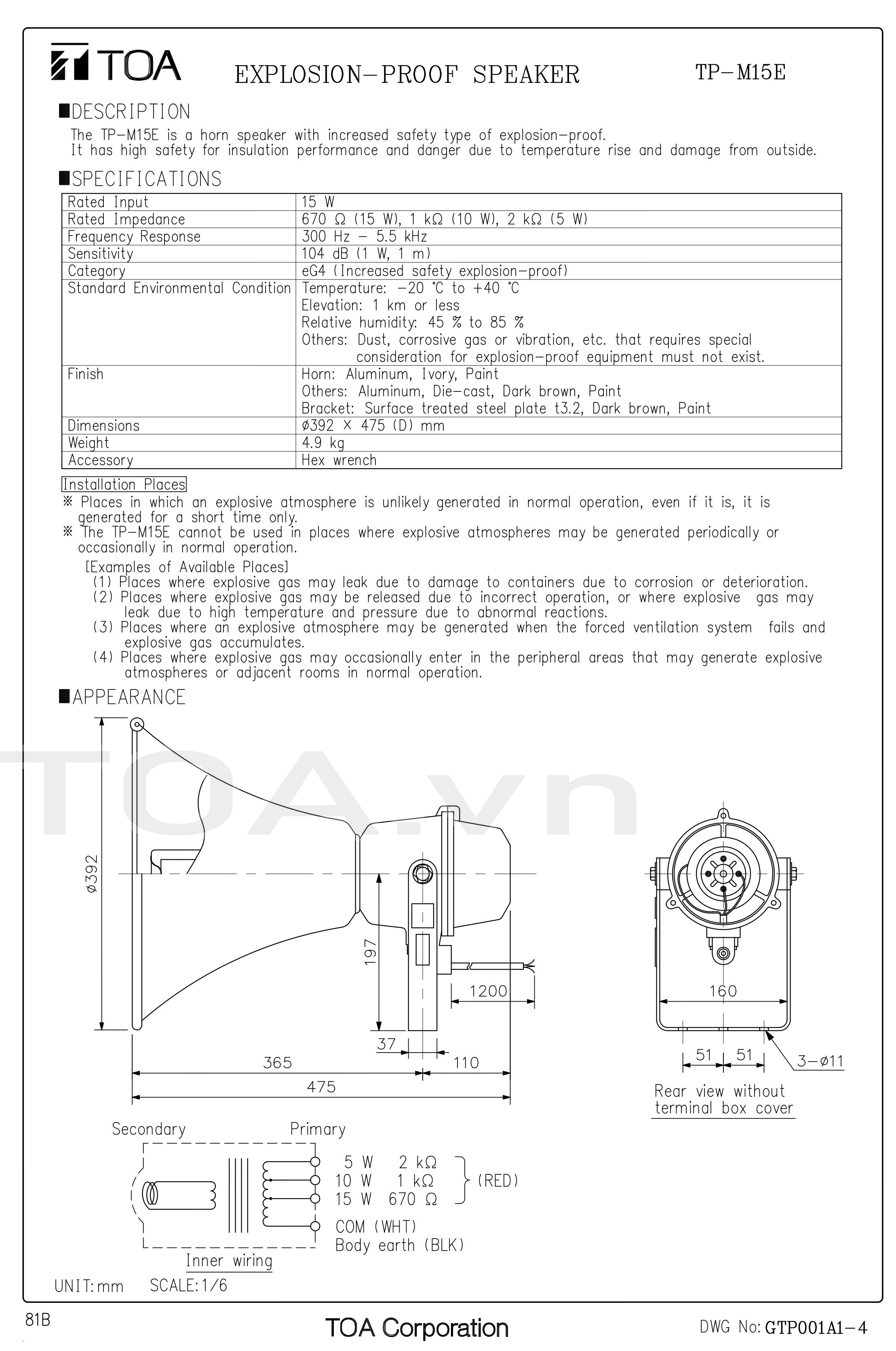 Đặc tính kỹ thuật Loa nén TOA TP-M15E  (Loa phóng thanh chống cháy nổ)